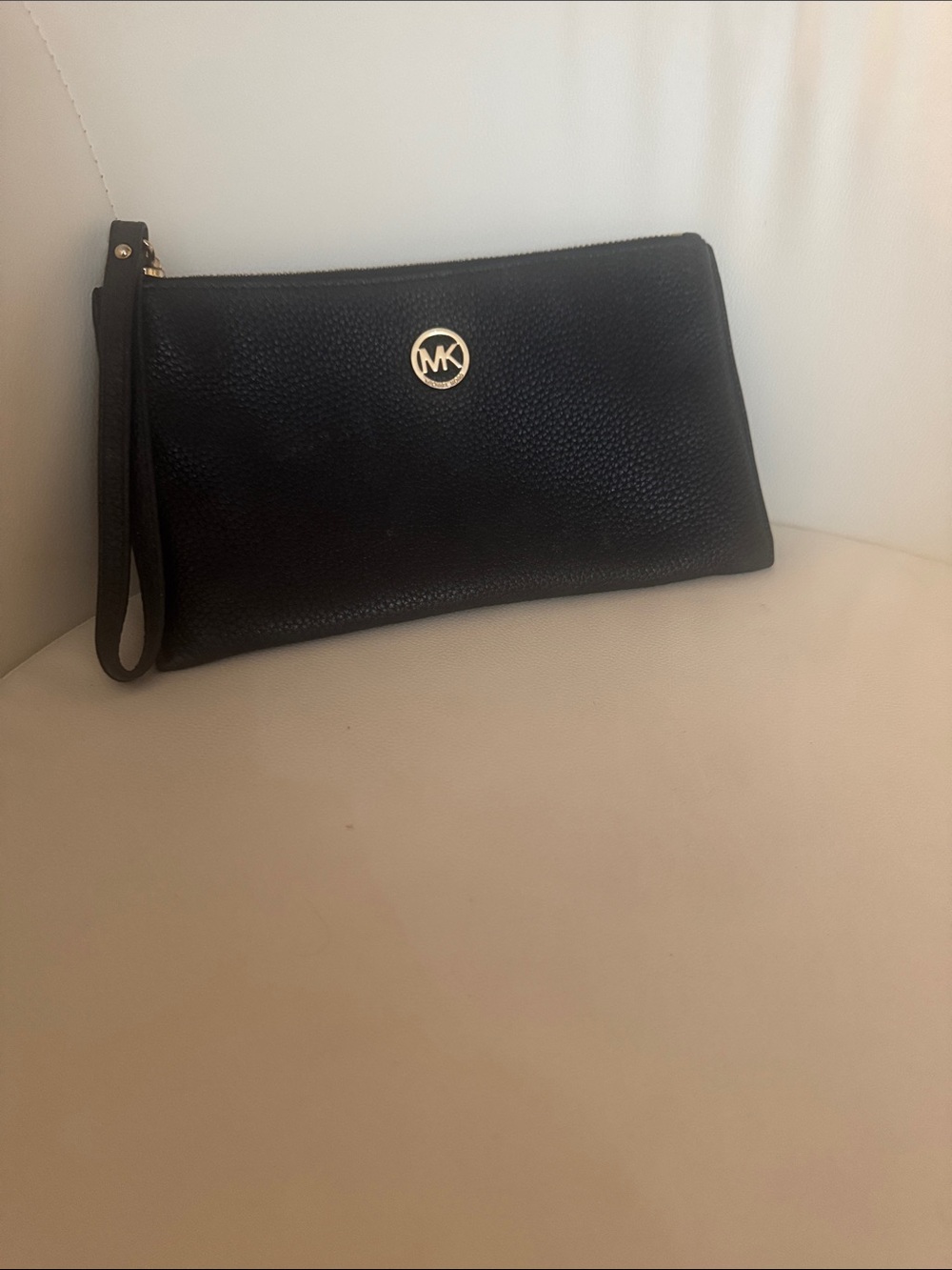 Michael Kors Black Pebbled Leather Wristlet with Gold Logo